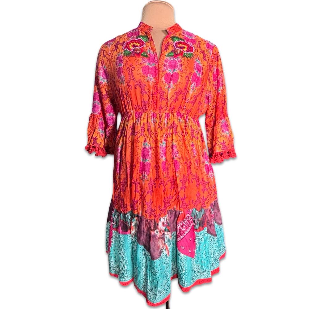Antica Sartoria Orange Boho Embroidered Floral Beaded Cotton Dress Resort Vacay